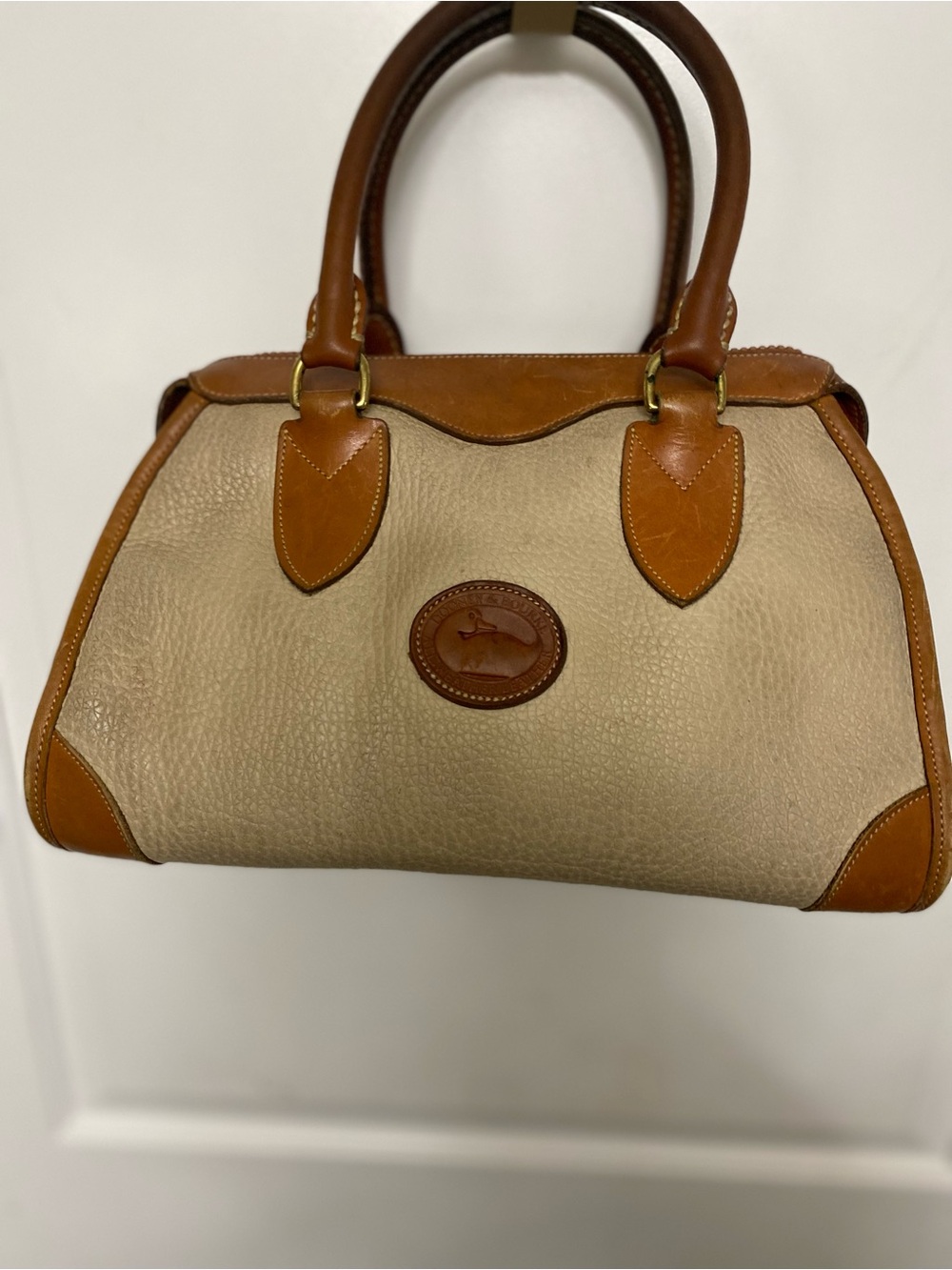 Vintage Dooney & Bourke Gladstone Cream Satchel Tan Leather Trim Early 1990’s